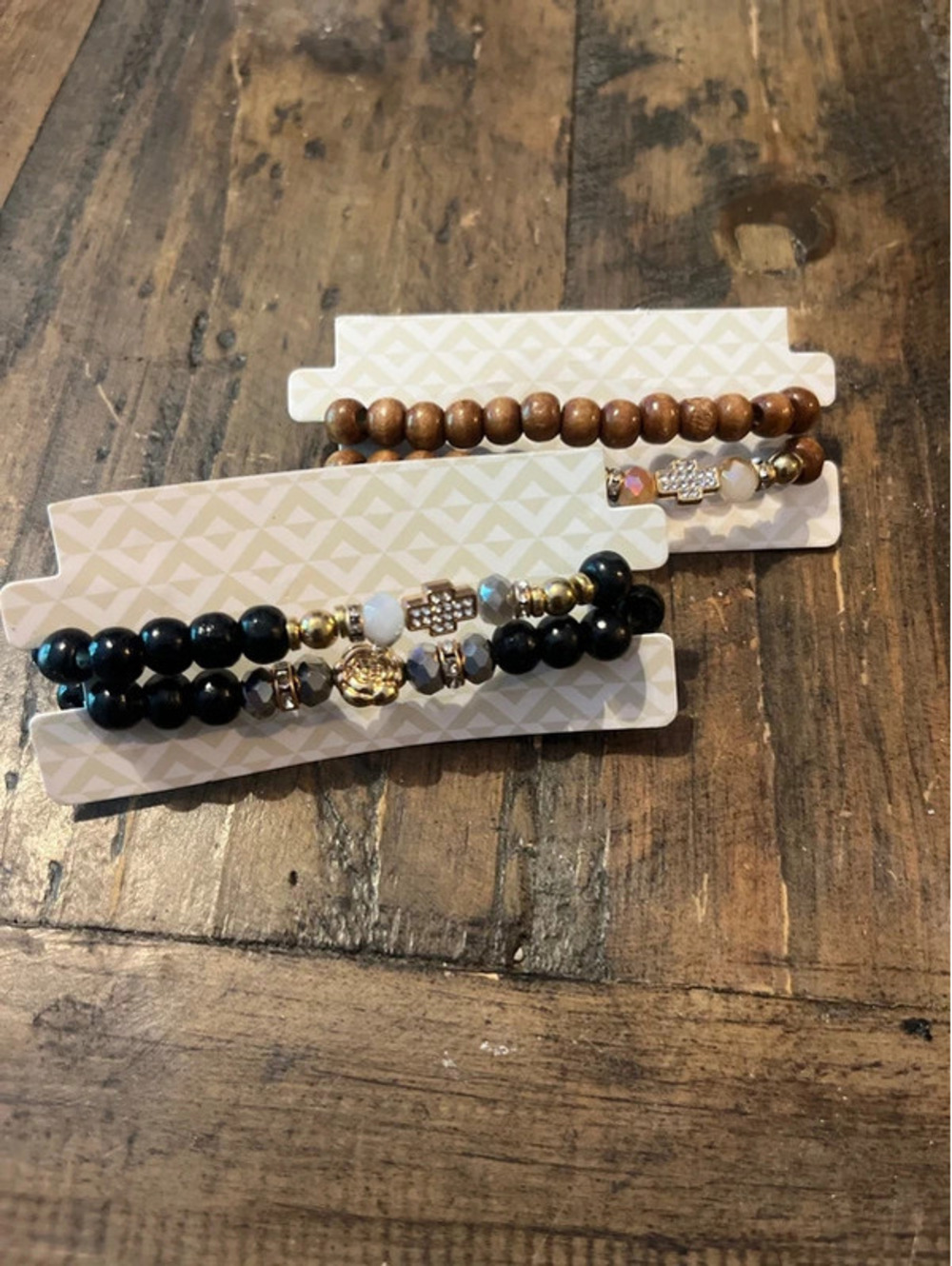 Set of 2 Boho Beaded Stretch Bracelets with Rhinestone Cross